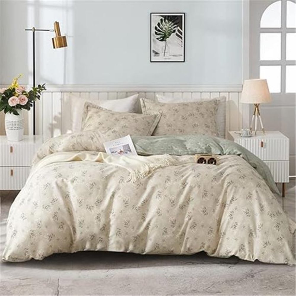 Boho Floral Duvet Cover Queen Soft 100% Cotton Garden Green Floral Bedding Set